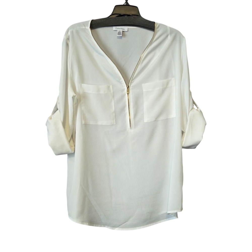 Calvin Klein Sheer Zipper 3/4 Sleeve Blouse - Picture 9 of 9